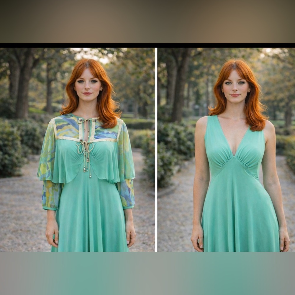 *Elegant green Maxi Dress with capelet (see other pics) - 1970’s - Picture 6 of 6